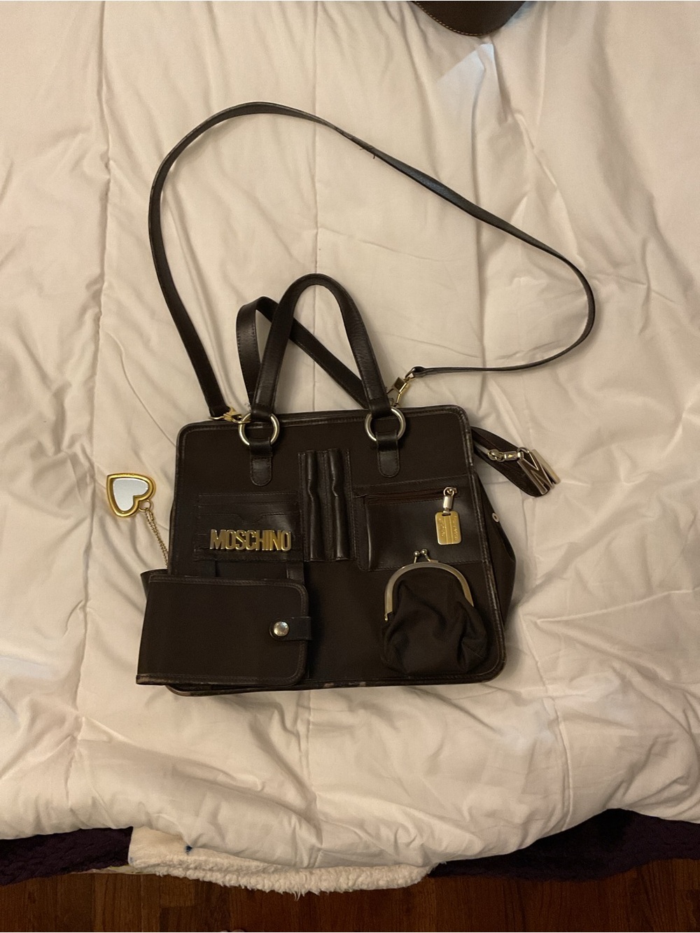 Moschino Dark Brown Leather Multi-Pocket Crossbody Tote